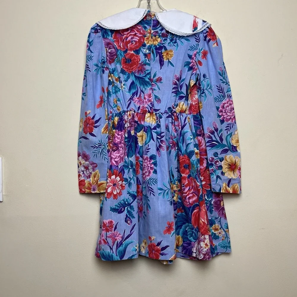 Vintage‎ Forever Florals Dress Drop Waist Bow Bib Blue Pink Flowers Girls 7